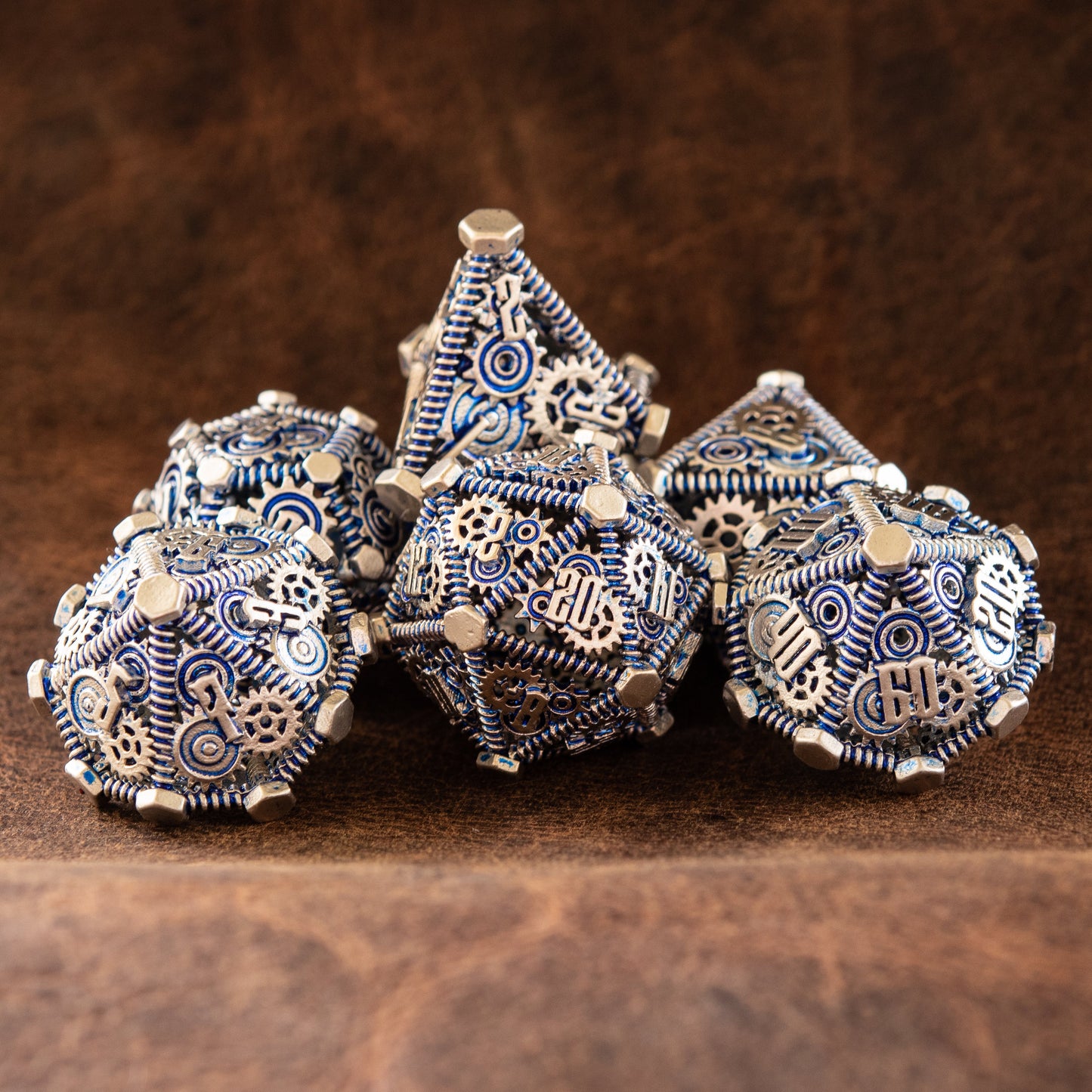 Weird West Wasteland Hollow Metal Dice Set - Blue and Silver